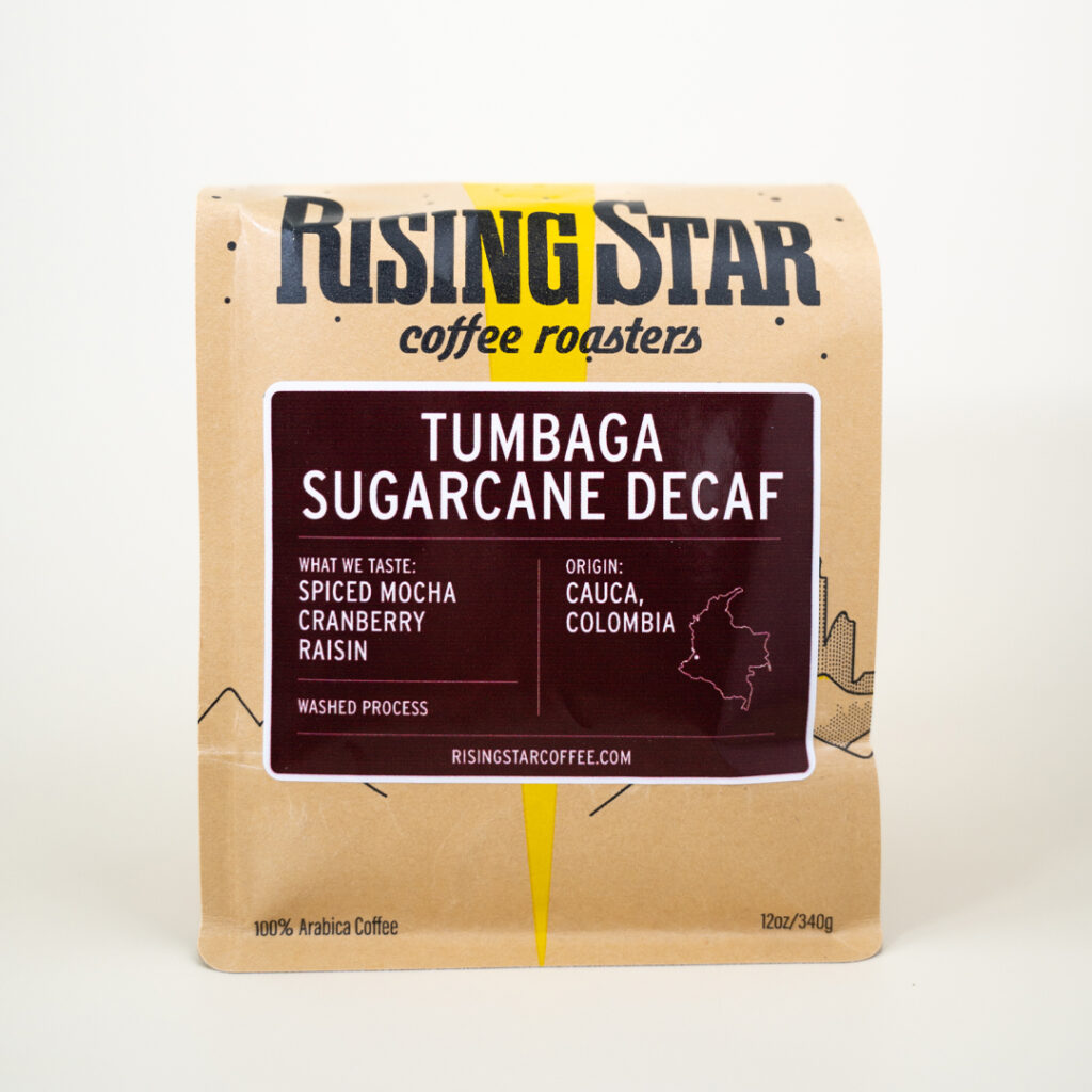 A bag of Rising Star Coffee called Tumbaga Sugarcane Decaf