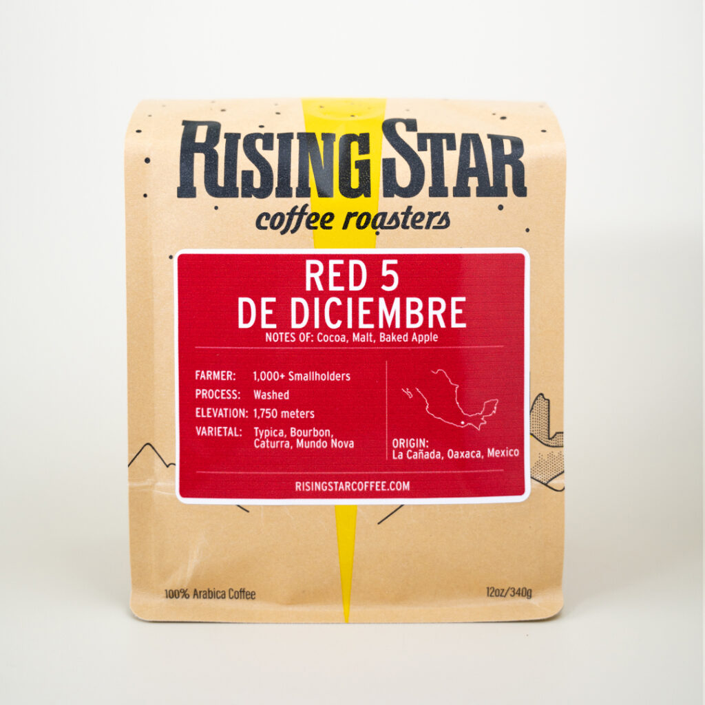 A bag of Rising Star Coffee called Red 5 De Diciembre.