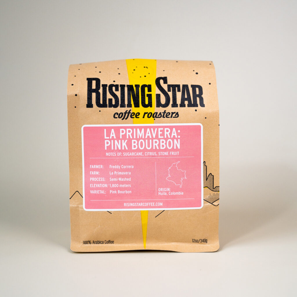 A bag of La Primavera: Pink Bourbon Rising Star Coffee.