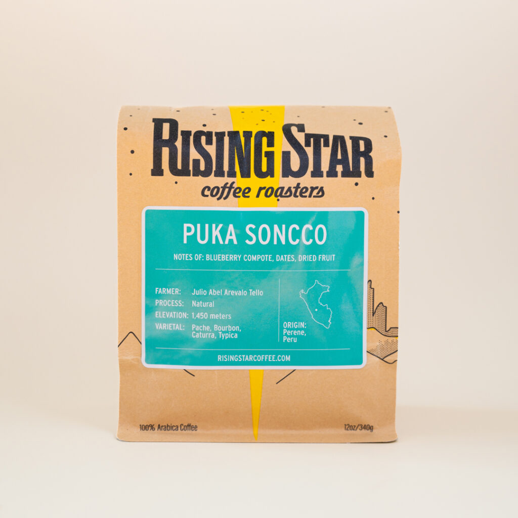 A bag of Rising Star Coffees Peruvian coffee, Puka Suncco.