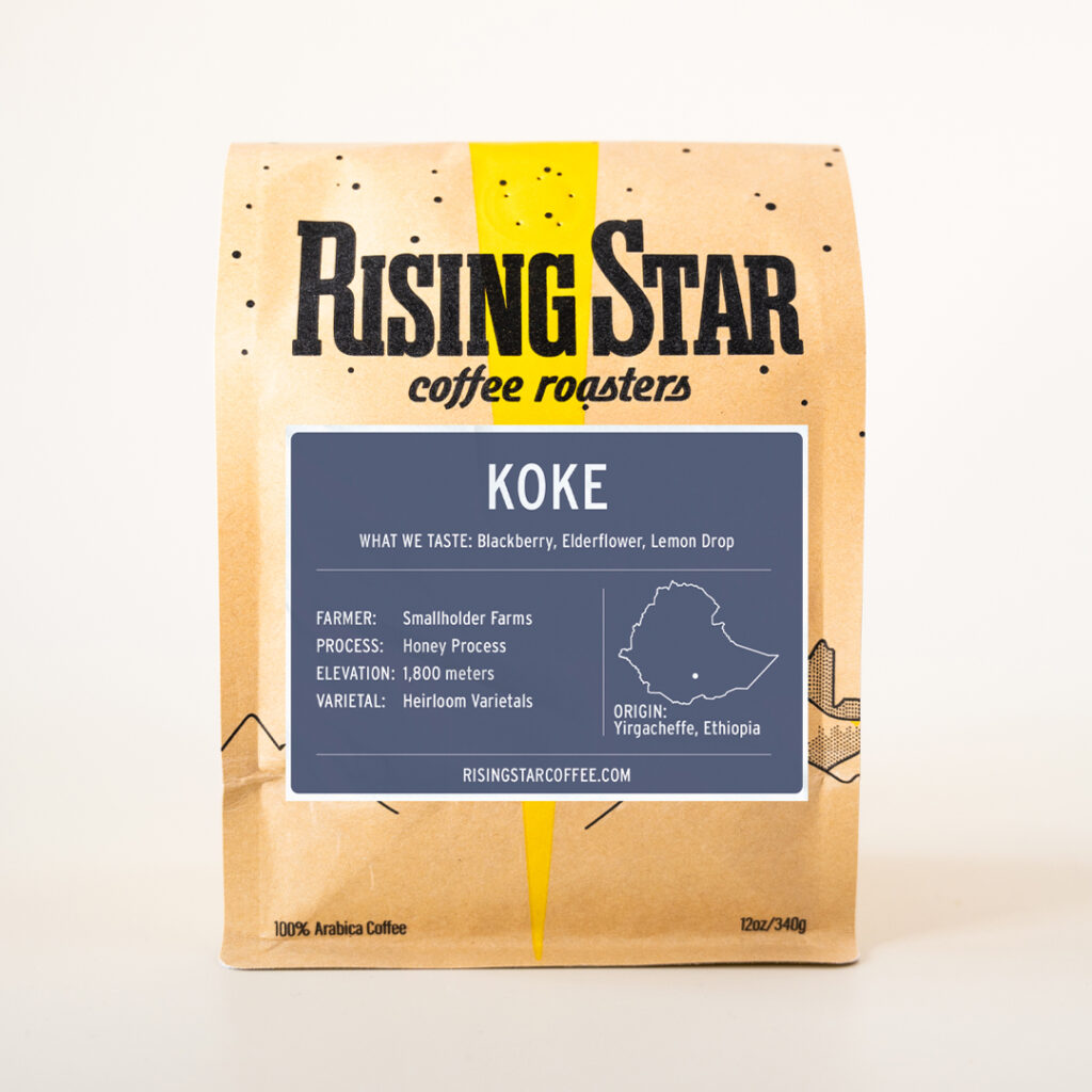 A bag of Rising Star Coffee's Koke single origin set against a cream back drop.