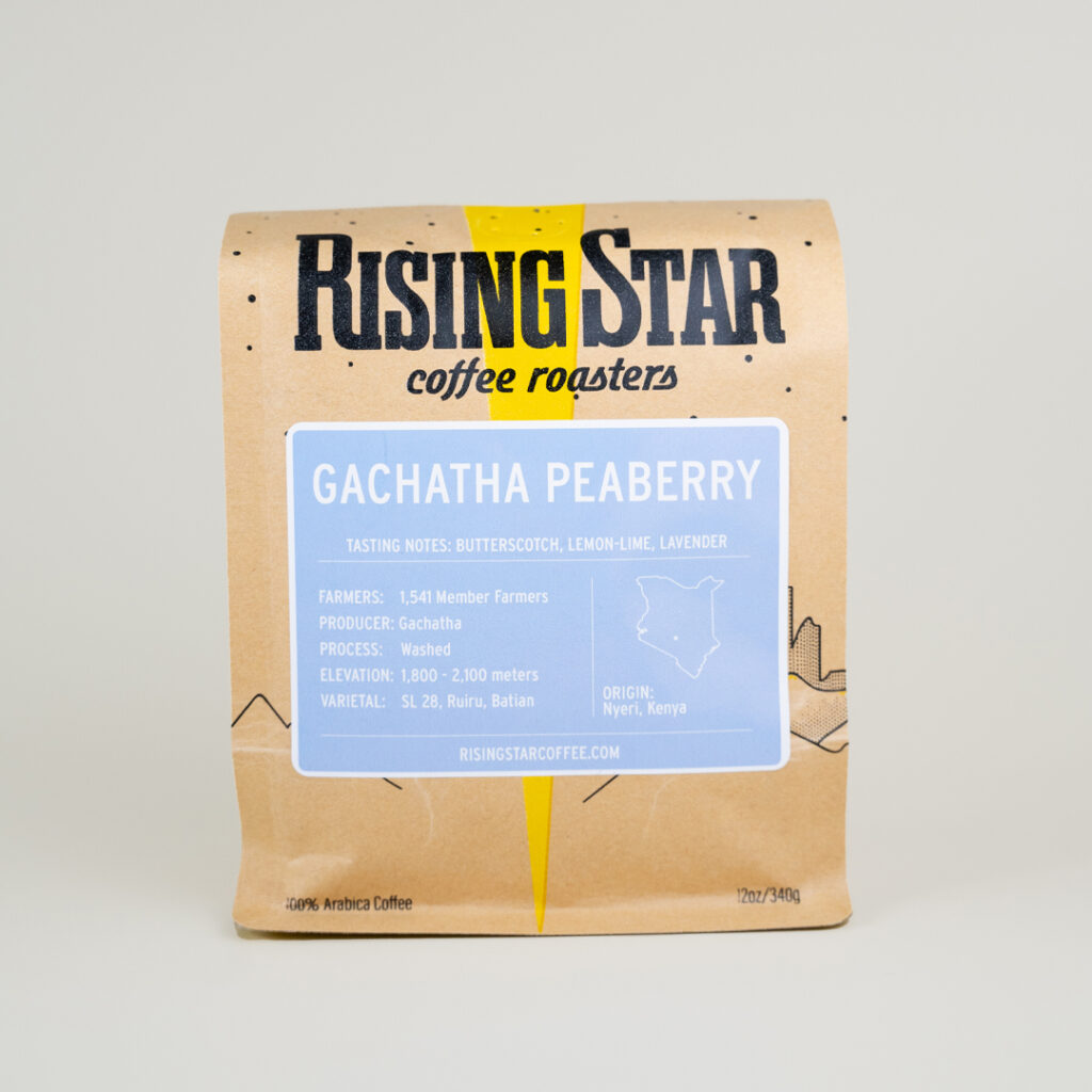 A bag of Rising Star Coffee called Gachatha Peaberry. It is a coffee from Kenya.