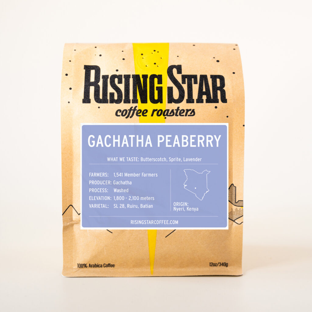 A bag of Rising Star Coffee's Gachatha Peaberry.
