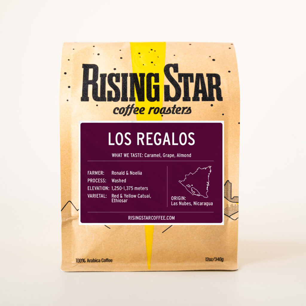 A bag of Rising Star coffee called Los Regalos.