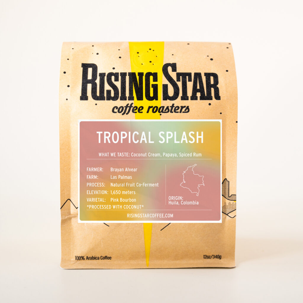 A bag of Rising Star Coffee's Tropical Splash. Allergen Warning: Contains Coconut