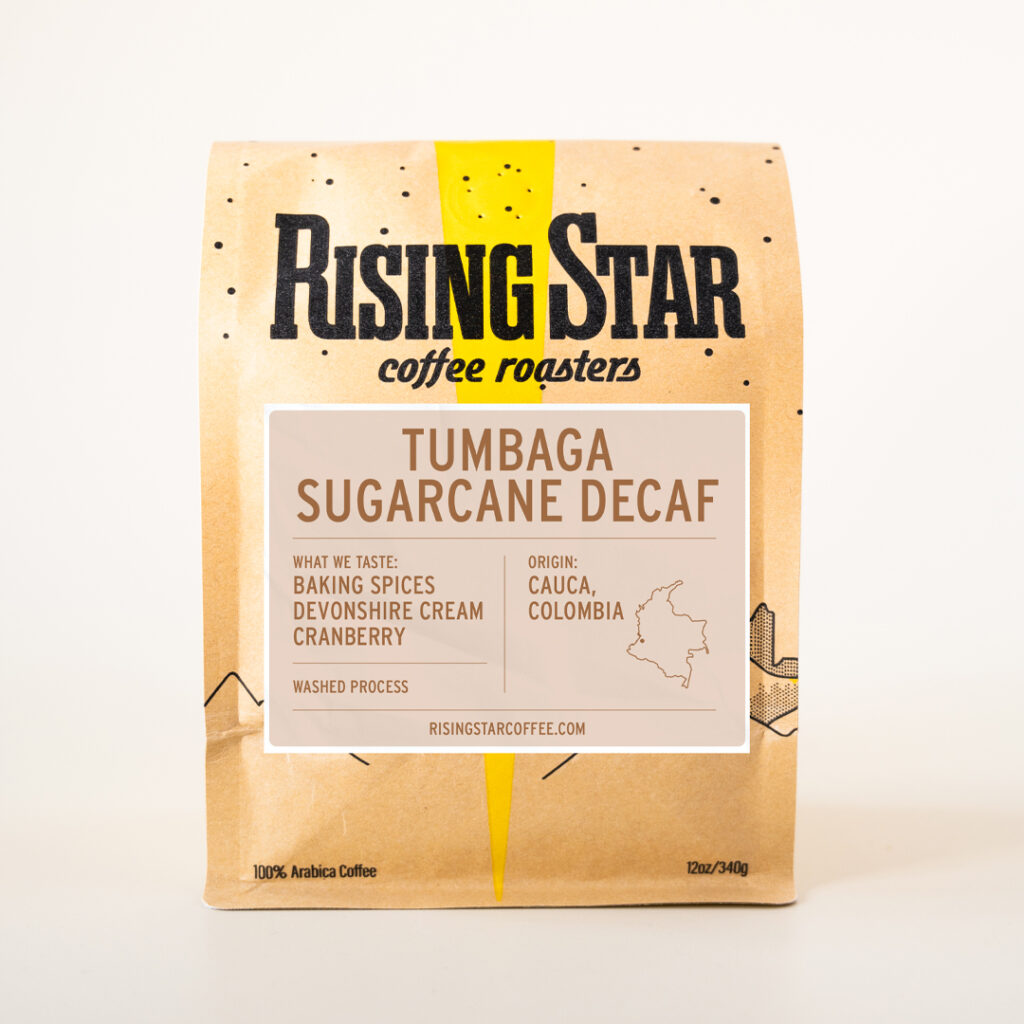 A bag of Rising Star Coffee's Tumbaga Sugarcane Decaf.